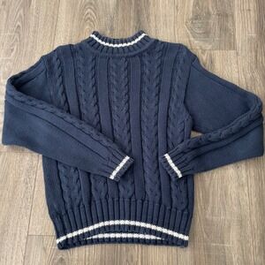 Lizsport Petites Navy Blue Cable Knit Cotton Sweater White Stripe Mock Neck S